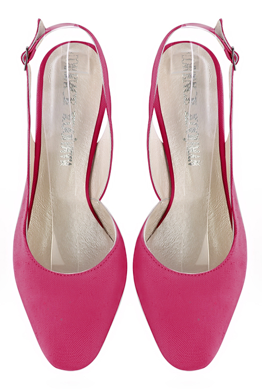 Hot pink women's slingback shoes. Round toe. High kitten heels. Top view - Florence KOOIJMAN